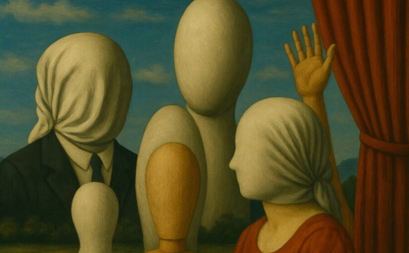 Maniquíes y figuras sin rostro en una escena surreal con cortina roja.