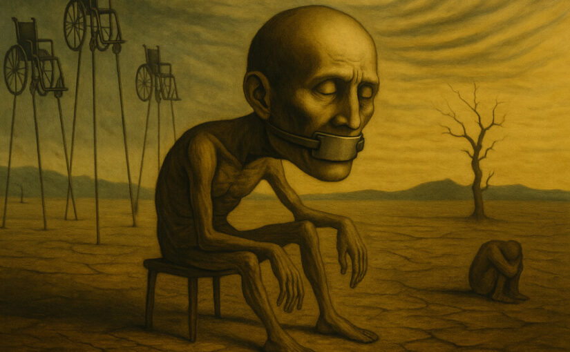 Figura encadenada y silenciada en un paisaje surreal y desértico con sillas de ruedas elevadas.