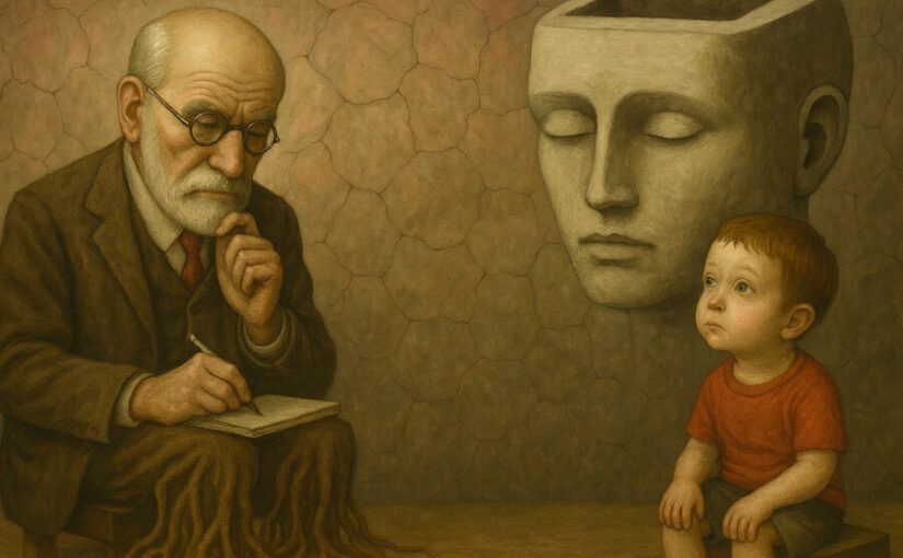 Psicoanalista observando a un niño junto a una cabeza hueca gigante en un entorno surreal.