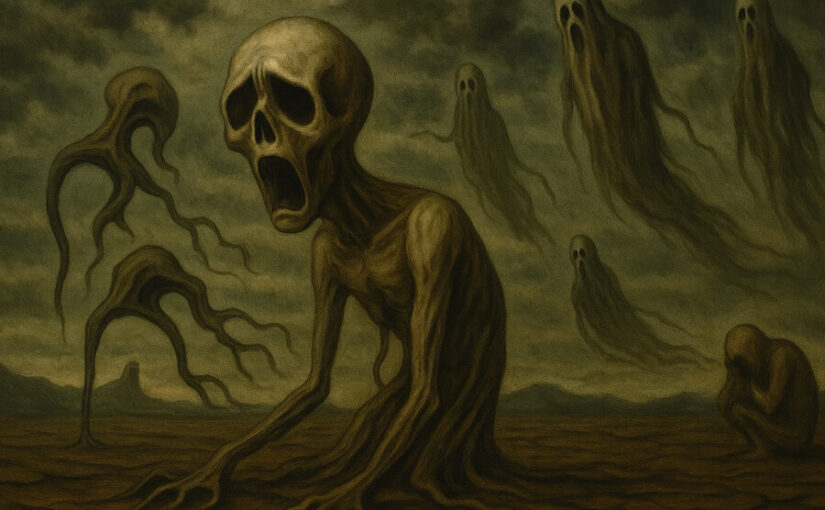 Figuras espectrales deformes en un paisaje oscuro y desolado.