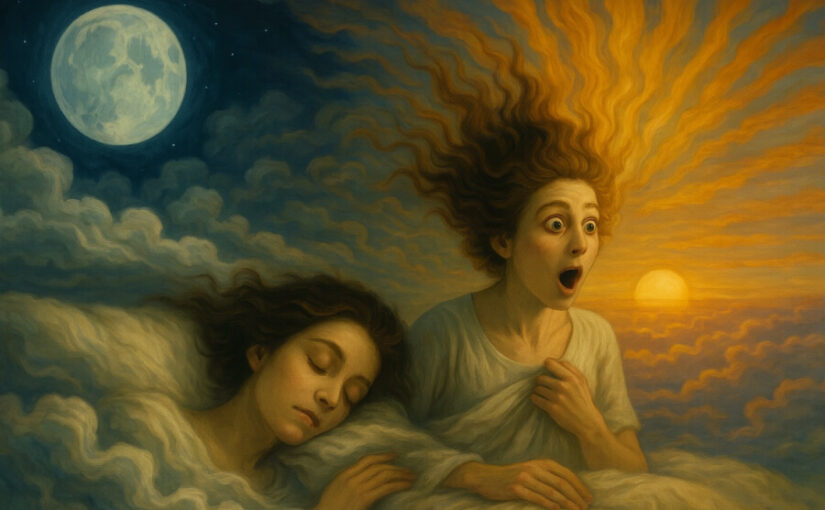 Dos figuras femeninas entre nubes, una dormida bajo la luna y otra sorprendida al amanecer.